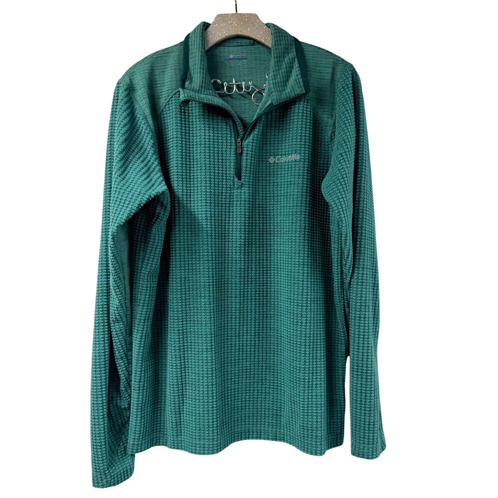 Columbia Textured Grid Fleece Pullover 1/4 Zip Green Medium Sweater Mid Layer
